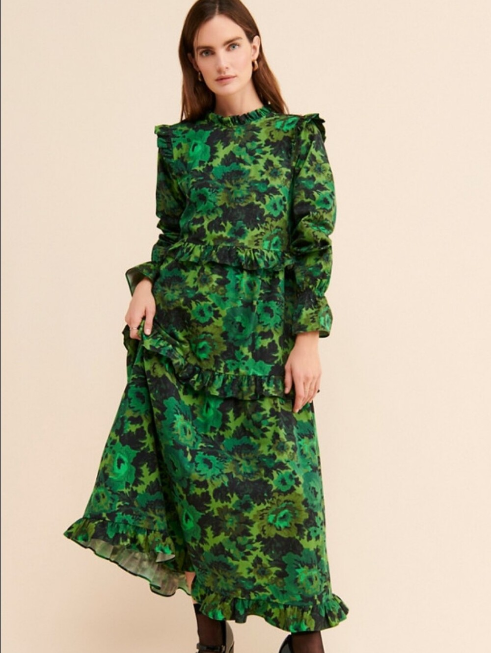 Damson Madder Green Floral Long Sleeve Tiered Maxi Dress